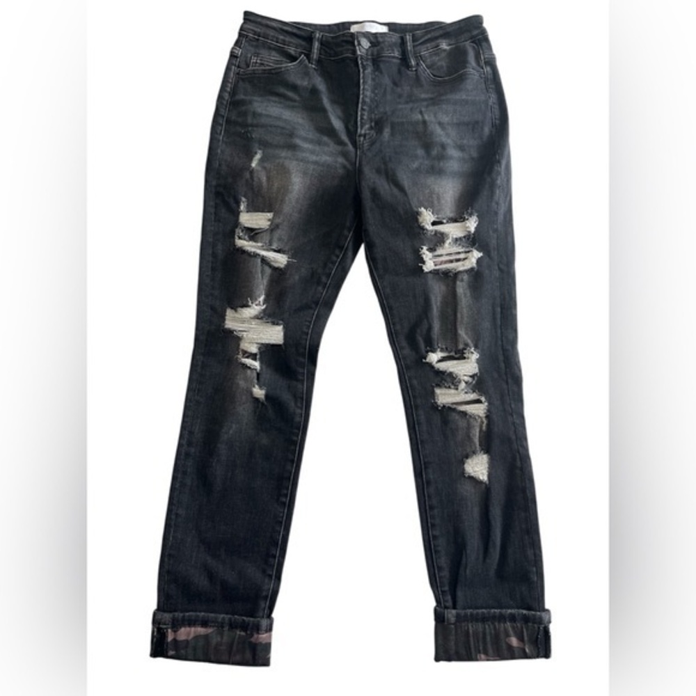 VERVET Black Distressed Boyfriend Jeans with camo cuff